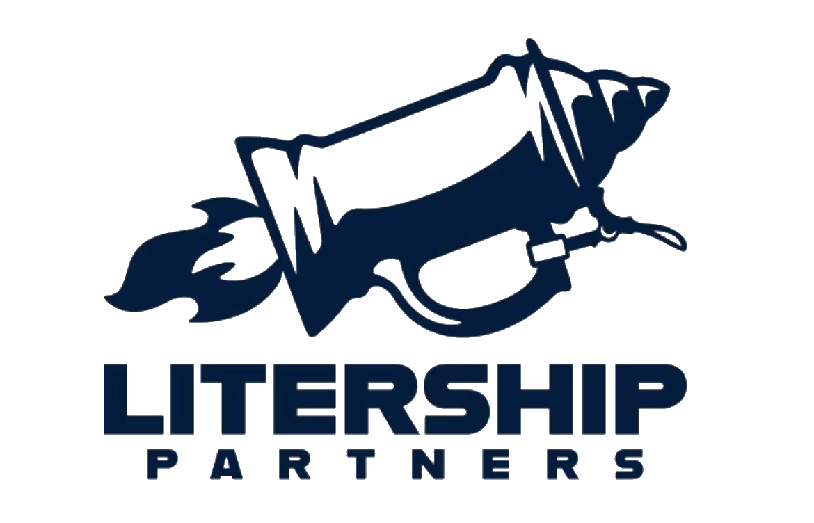 A blue logo for Litership partners with a rocket keg on it