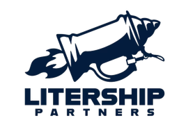 A blue and white logo for litership partners