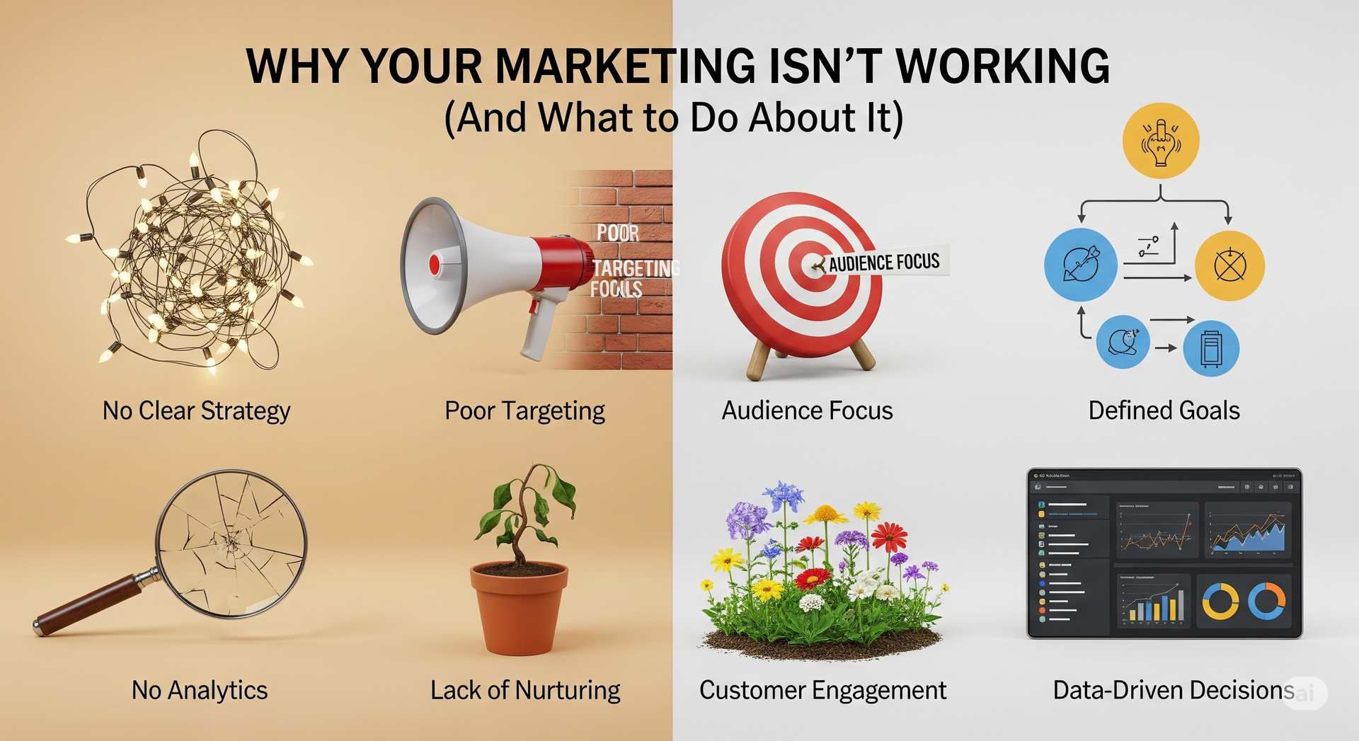 Marketing problems infographic: No clear strategy, poor targeting, audience focus, defined goals, no analytics, lack of nurturing.