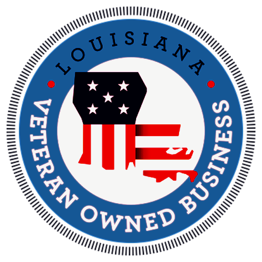 Louisiana Veteran Owned Business seal. Features the state outline in red/white stripes, blue border.