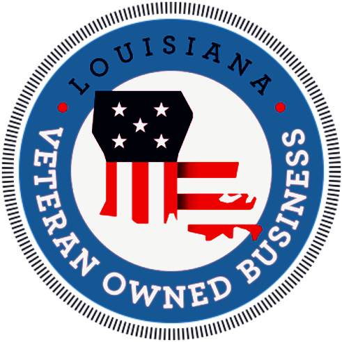 Louisiana Veteran Owned Business seal featuring the state outline with an American flag design.