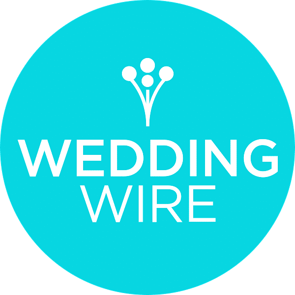 Wedding Wire logo: White text and floral design on a teal circle.