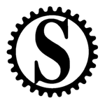 Black gear icon with a white circle and a stylized letter “S” in the center