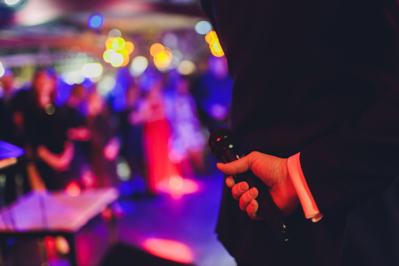 A person is holding a microphone in front of a crowd at a party.