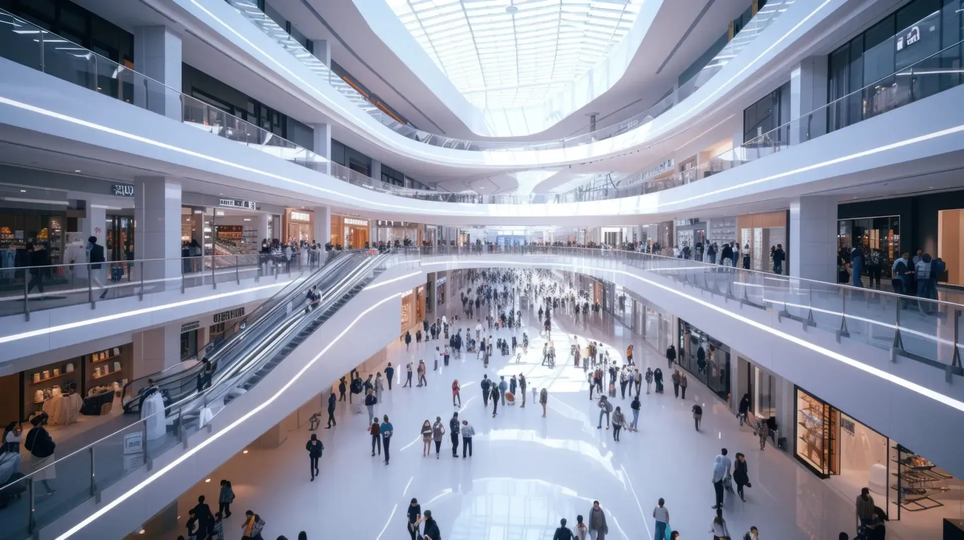 A large shopping mall filled with people and escalators.