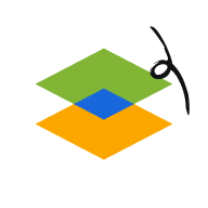 A green , blue , and orange square with a black outline on a white background.