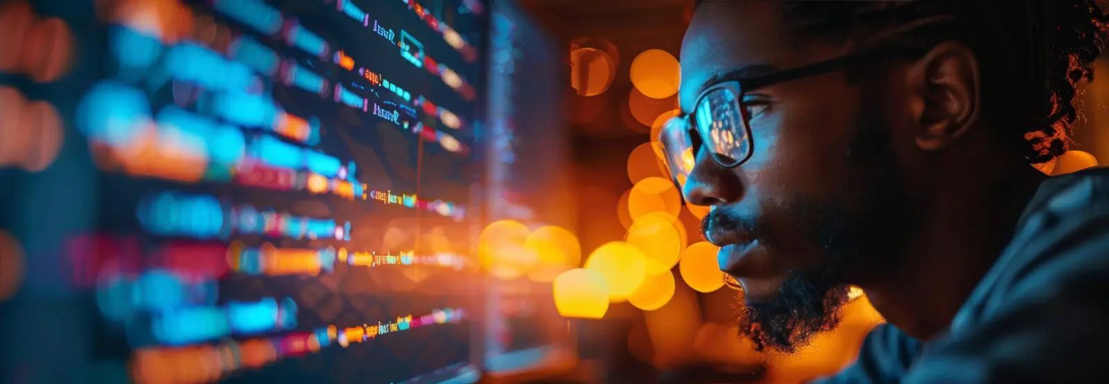 A man wearing glasses is looking at a computer screen.