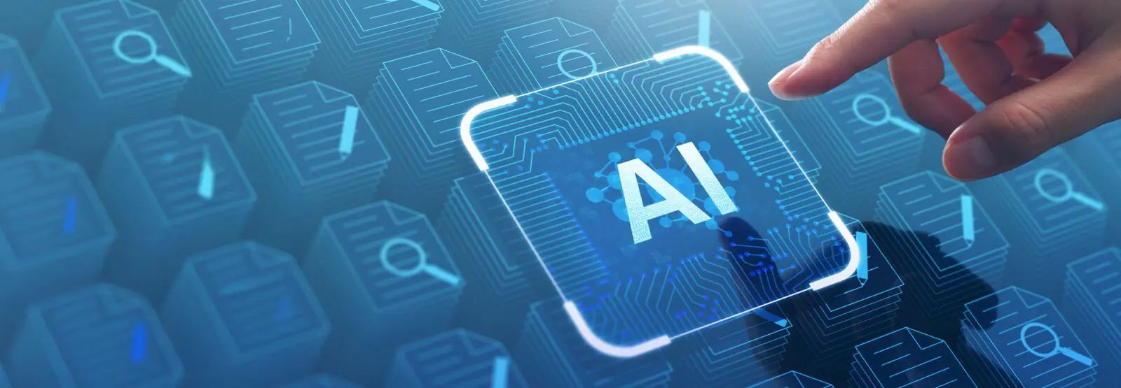 A person is pressing a button on a tablet that says ai.
