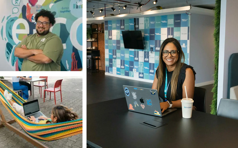 Collage: Man with arms crossed, woman at a desk, person in a hammock using a laptop.