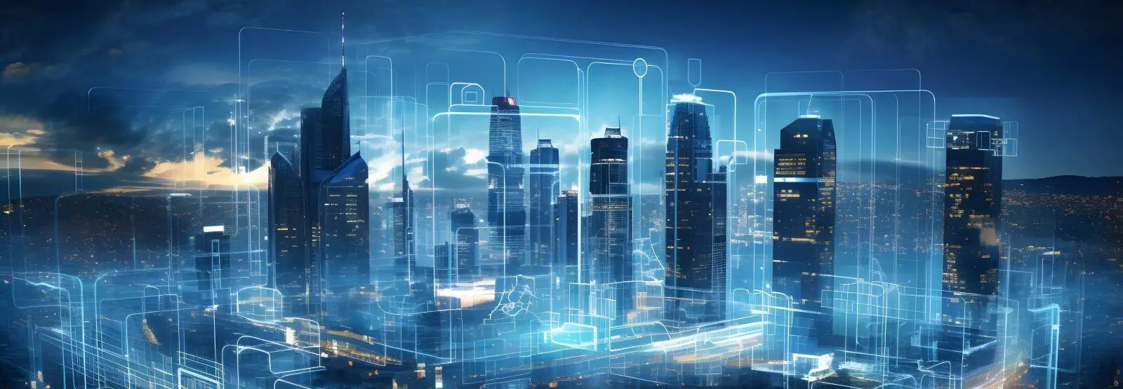 An aerial view of a futuristic city at night.