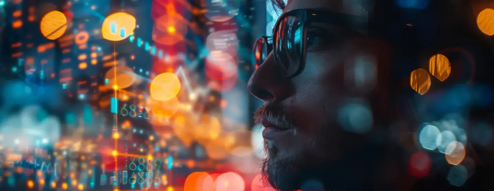A man wearing sunglasses is looking at a city at night.