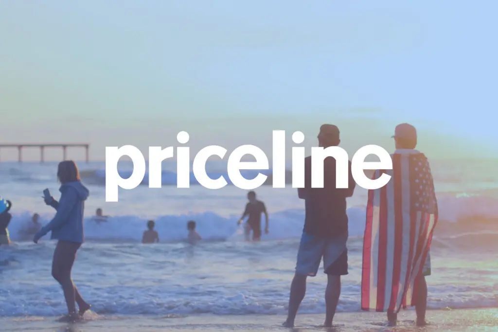 A group of people standing on a beach with the word priceline in the foreground.