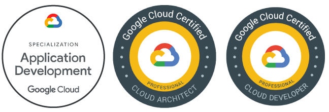Logos for Google Cloud certifications: Application Development, Cloud Architect, and Cloud Developer.