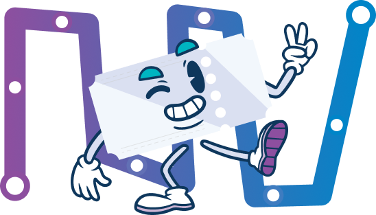 Animated ticket character, winking and giving peace sign, emerging from stylized 