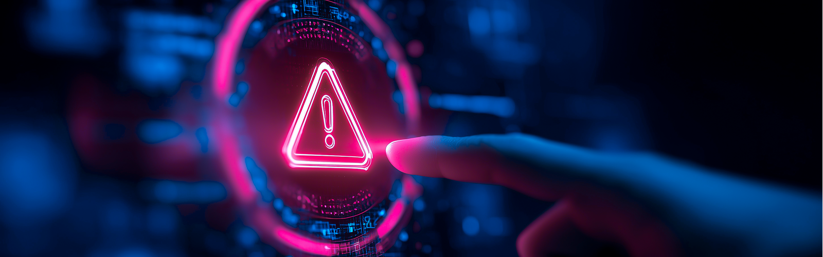 Finger about to touch a glowing red warning icon on a dark screen.