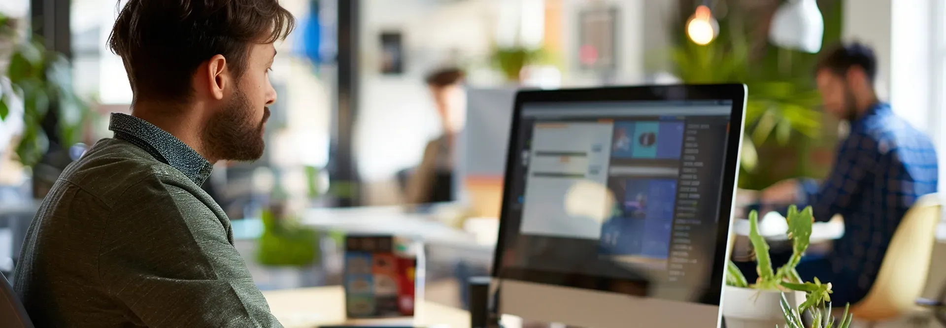A man is sitting in front of a computer in an office.