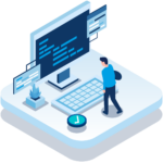 An isometric illustration of a man standing in front of a computer.