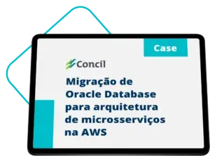 A tablet with a case titled migracao de oracle database para arquitetura de microservicos na aws
