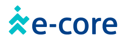 A blue and white logo for e-core on a white background