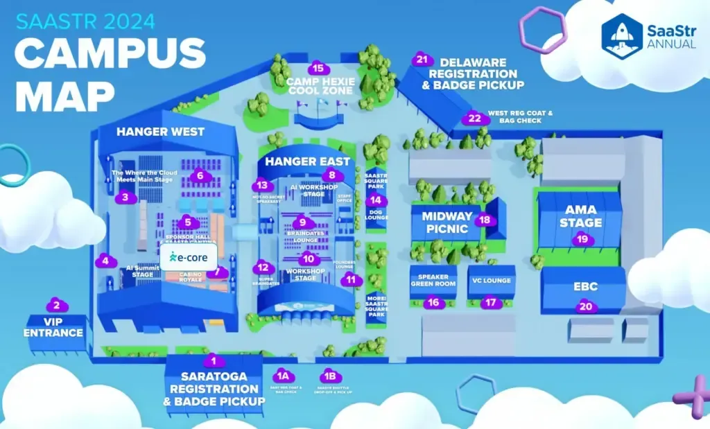 A map of a campus with buildings and clouds.