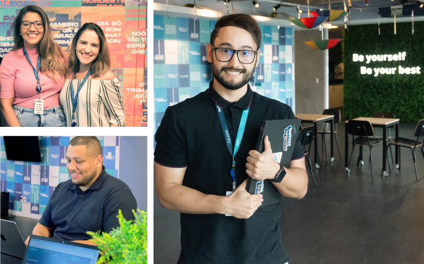 Collage: Man with arms crossed, woman at a desk, person in a hammock using a laptop.