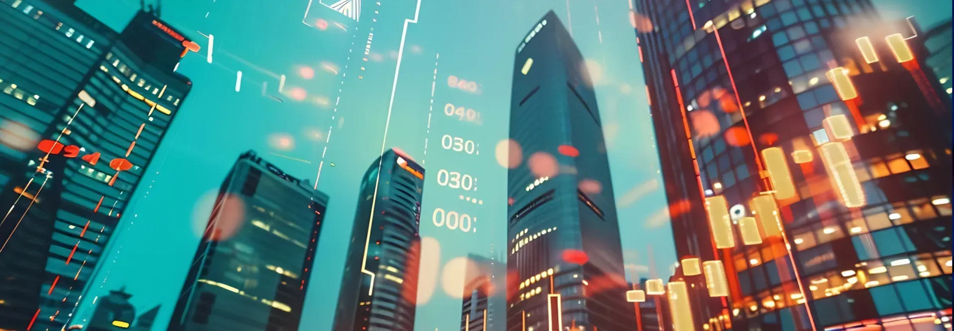 A city at night with a lot of tall buildings and a graph on the buildings.