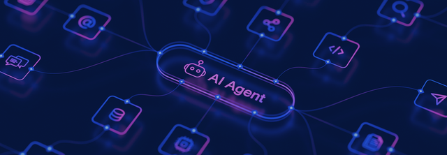 Neon AI agents icon network with glowing purple-blue lines and central “AI Agent” label on a dark background