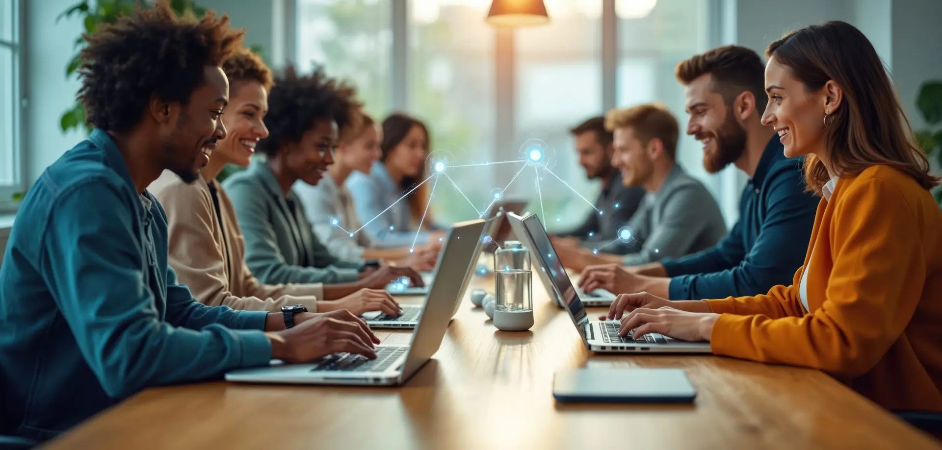 A group of people are sitting at a long table using laptops.