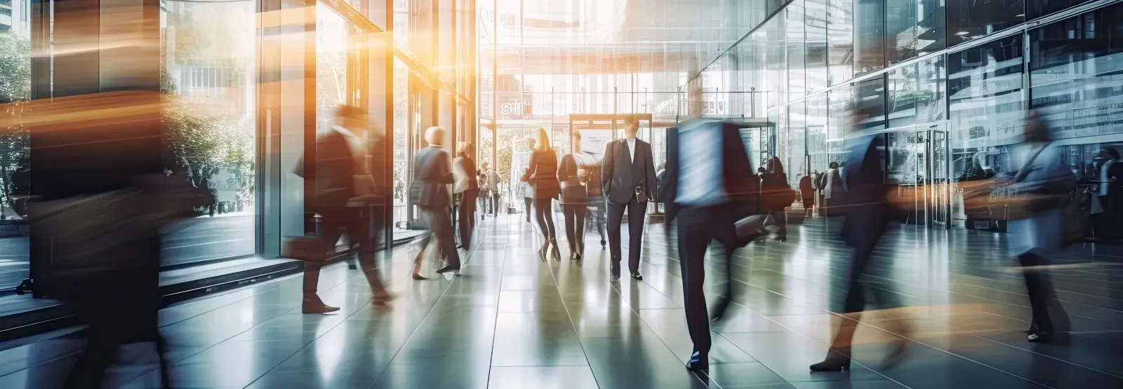 A blurry picture of a group of people walking in an office building.