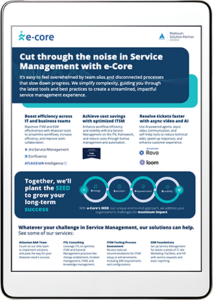 Tablet display of e-CORE solutions. Blue and white text, infographic-style, describes tailoring digital solutions, with a QR code at the bottom.