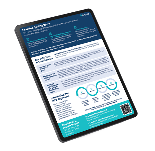 Tablet display of e-CORE solutions. Blue and white text, infographic-style, describes tailoring digital solutions, with a QR code at the bottom.
