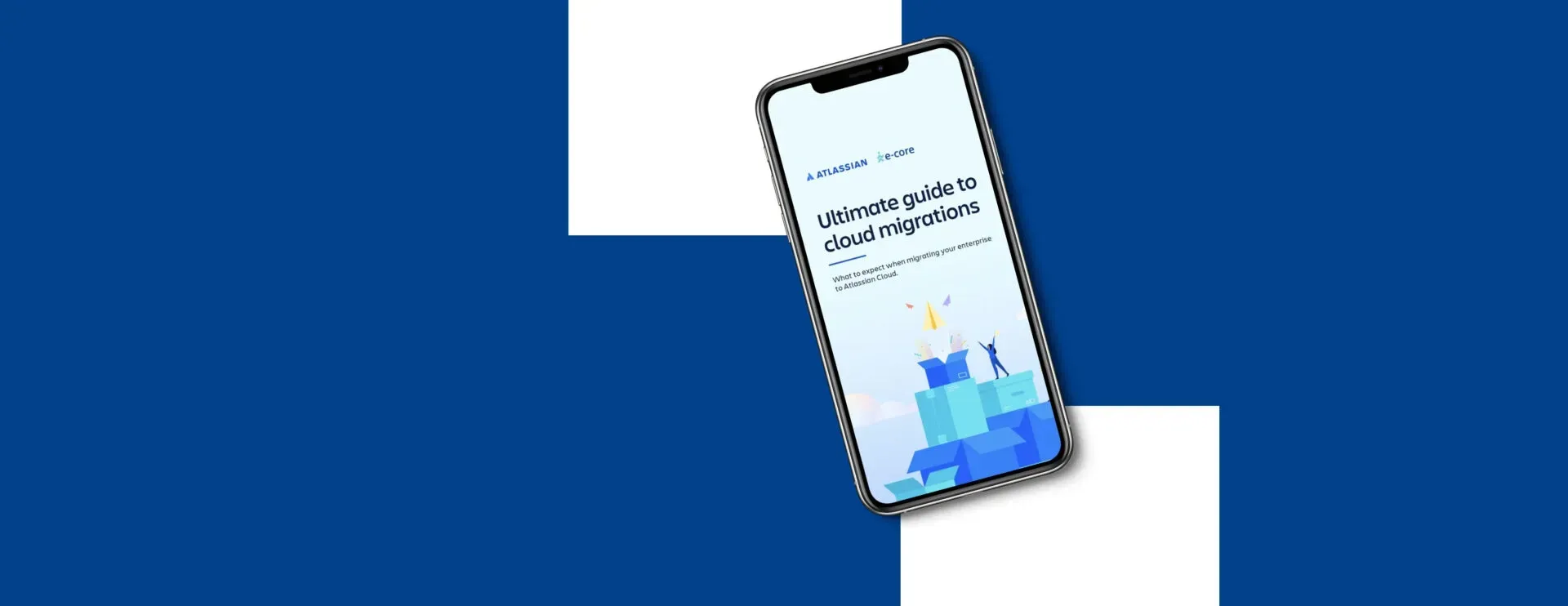 A cell phone with a birthday cake on the screen on a blue and white background.