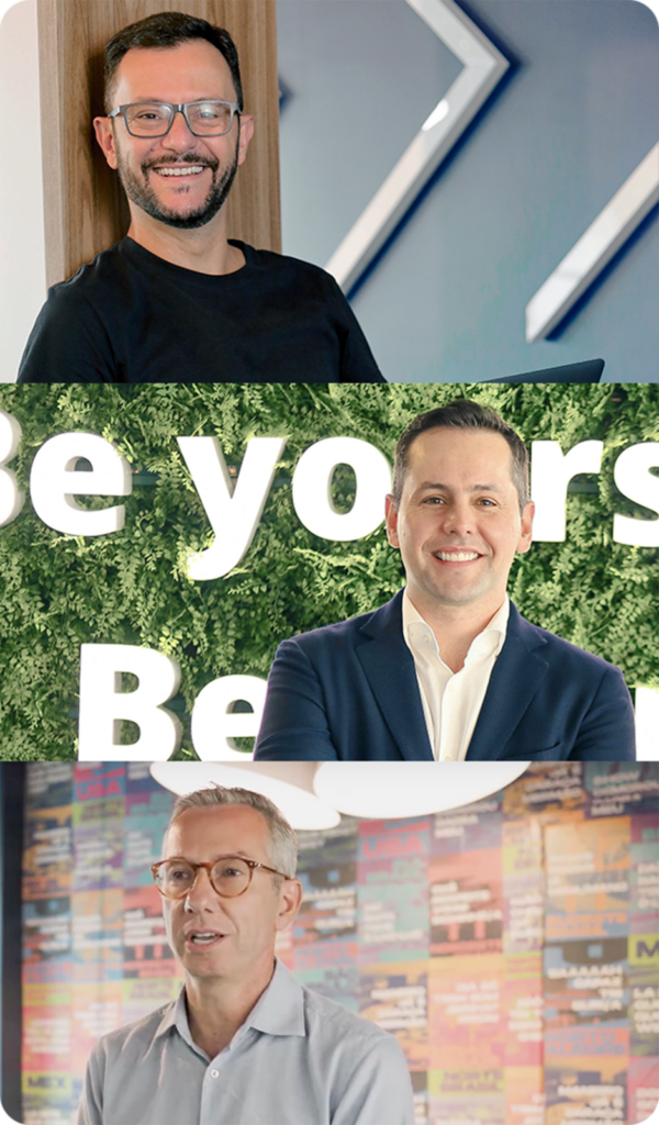 Three men, portraits: top, smiling man with glasses; middle, man in blazer; bottom, man in glasses, serious expression.