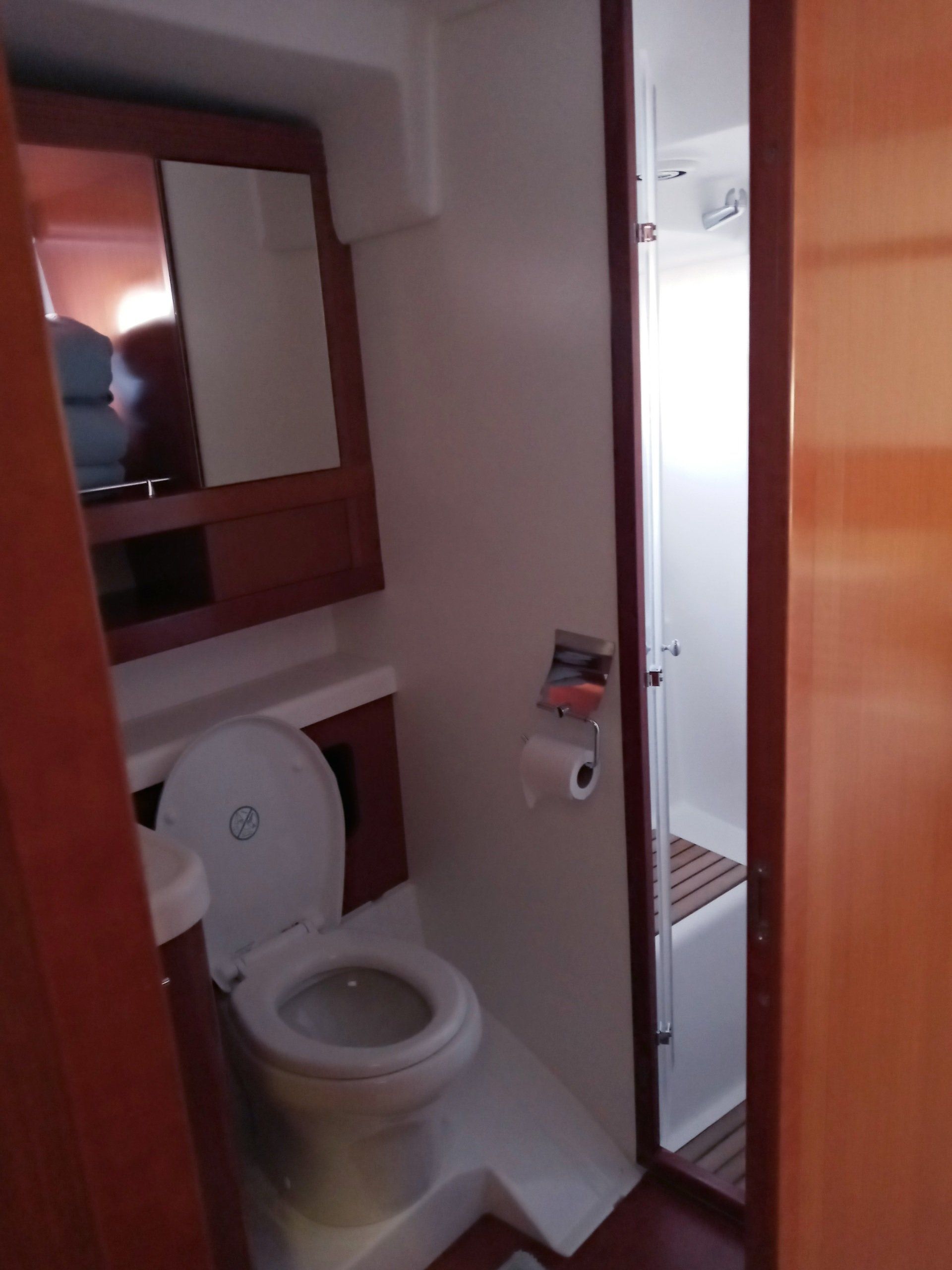 A bathroom with a toilet a sink and a mirror