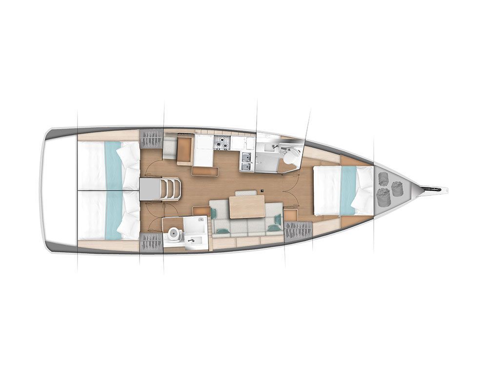 A floor plan of a sailboat with two beds and a kitchen.