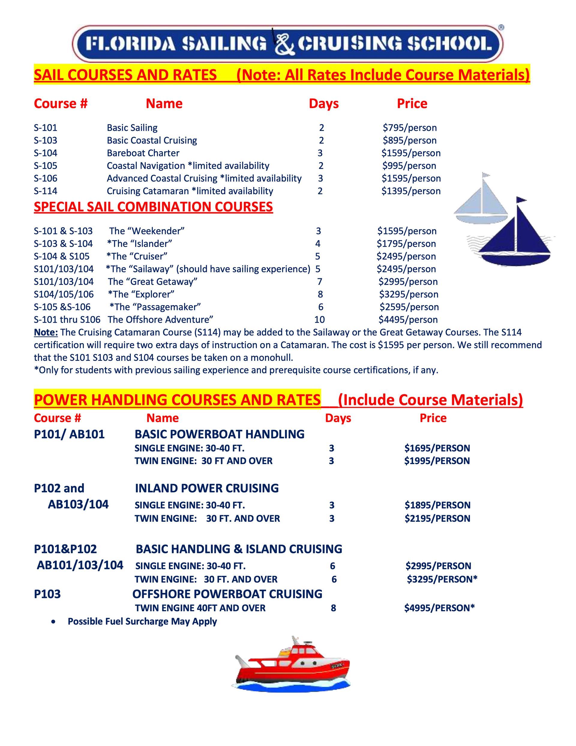 A list of sail courses and rates with a picture of a sailboat