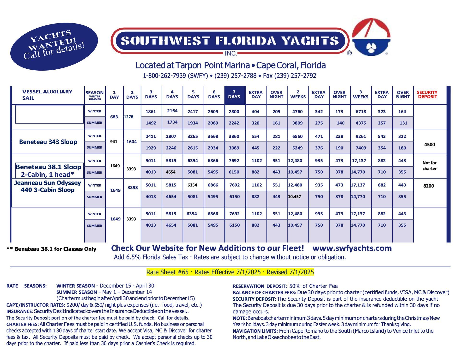 A brochure for southwest florida yachts is shown