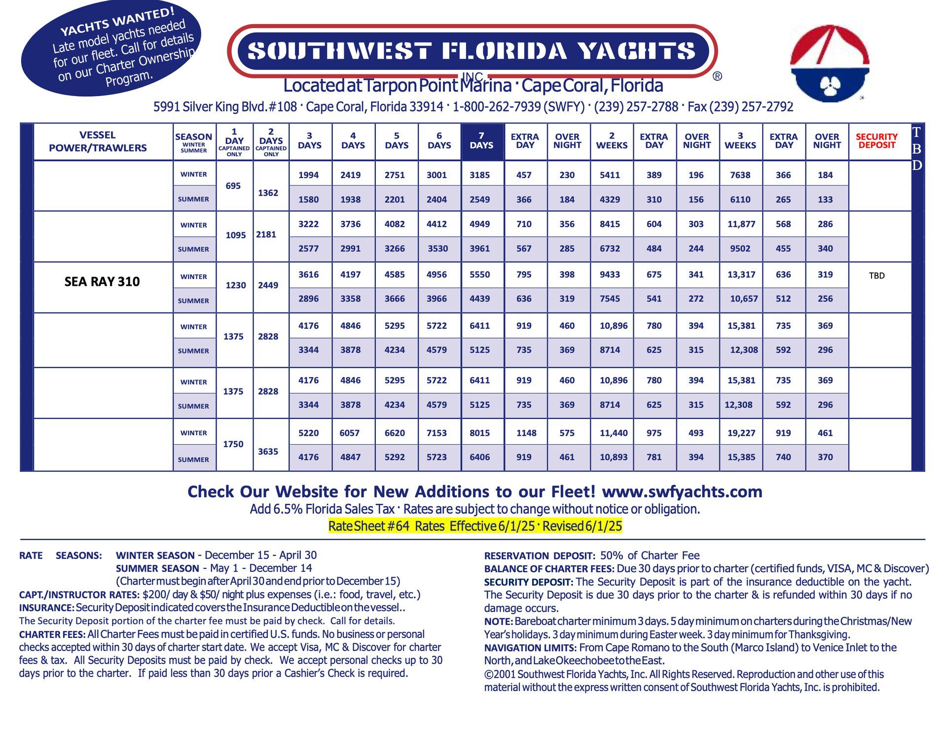 A brochure for southwest florida yachts is shown