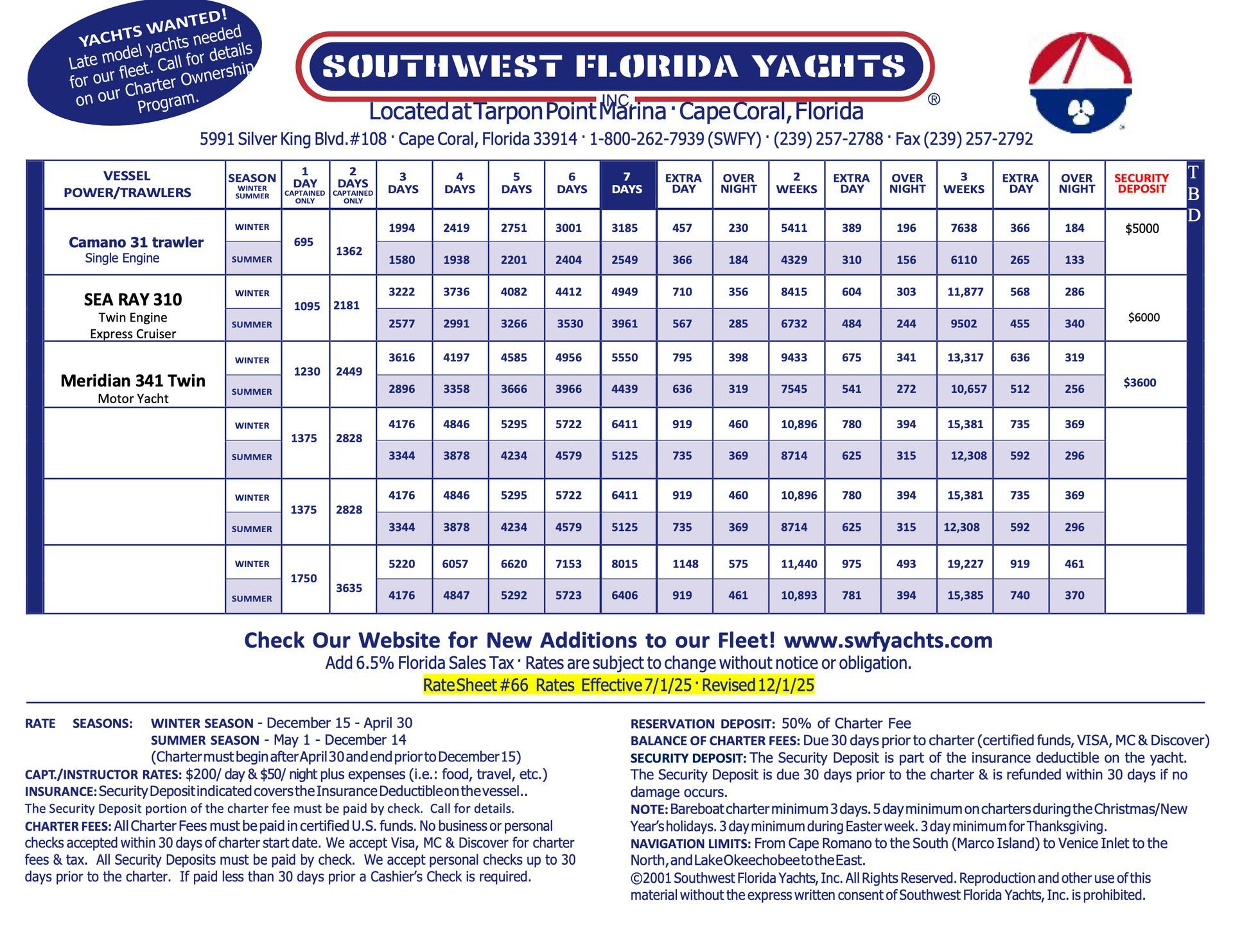 A brochure for southwest florida yachts is shown