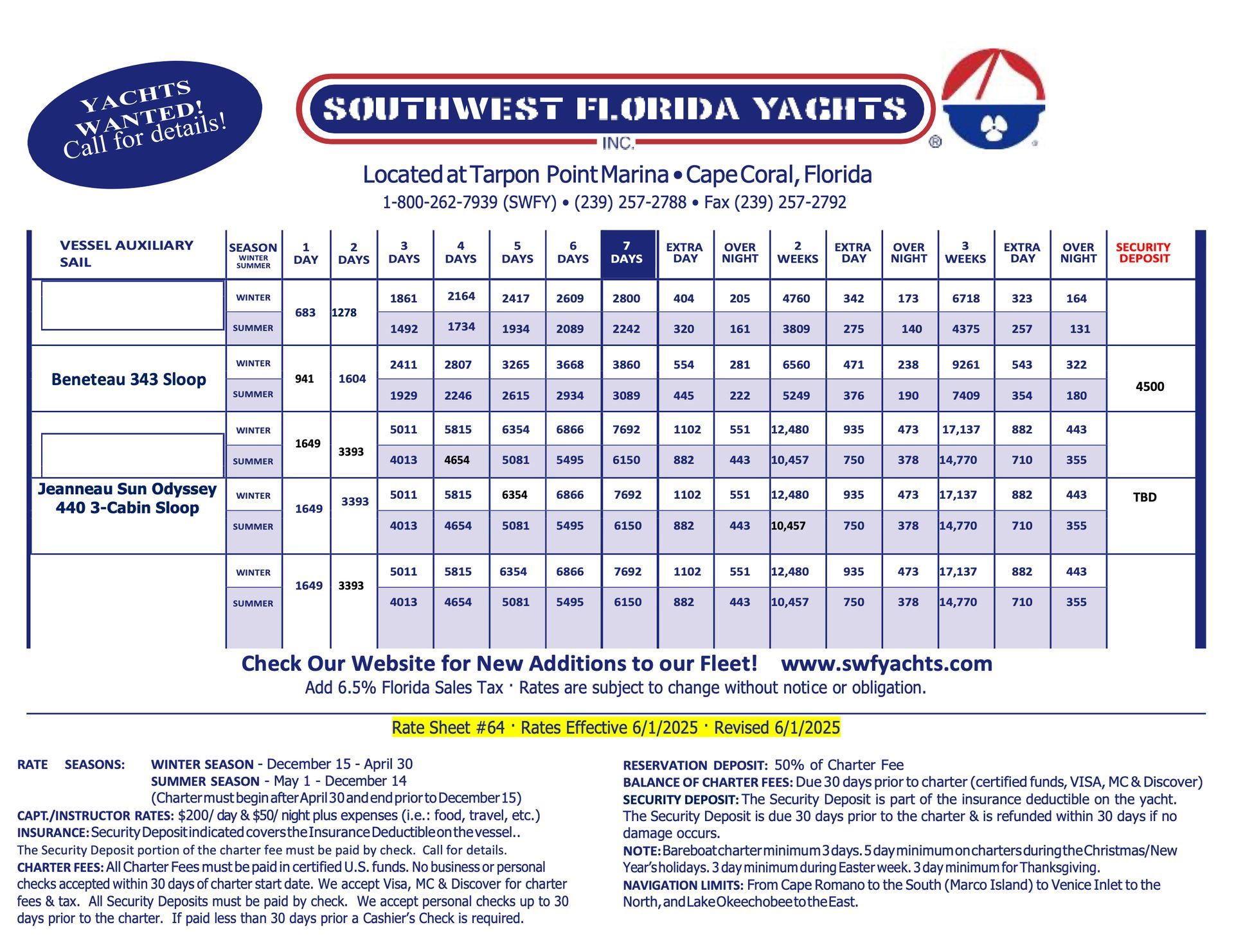 A brochure for southwest florida yachts is shown