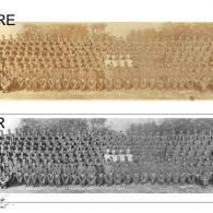 Two stacked panoramic class scenes: sepia-tinted top and black-and-white bottom.
