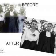 Before-and-after black-and-white photo collage of two people in formal clothes, one image tilted.