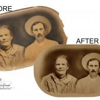 Before-and-after sepia photo restoration of a vintage portrait on a brown card stock background.