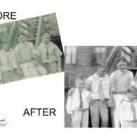 Before-and-after grayscale photo collage of four people standing outdoors near a building.