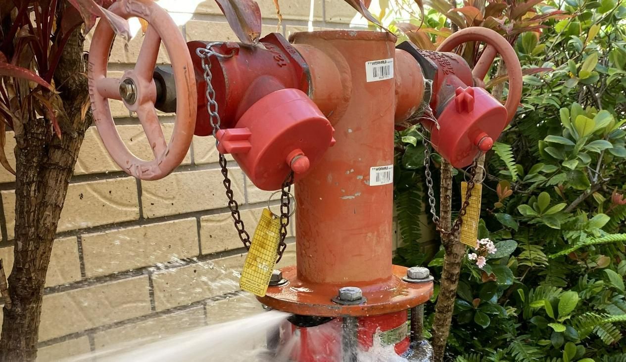 A Red Fire Hydrant Is Spraying Water In Front Of A Brick Wall — Bay City Plumbing in Pialba, QLD