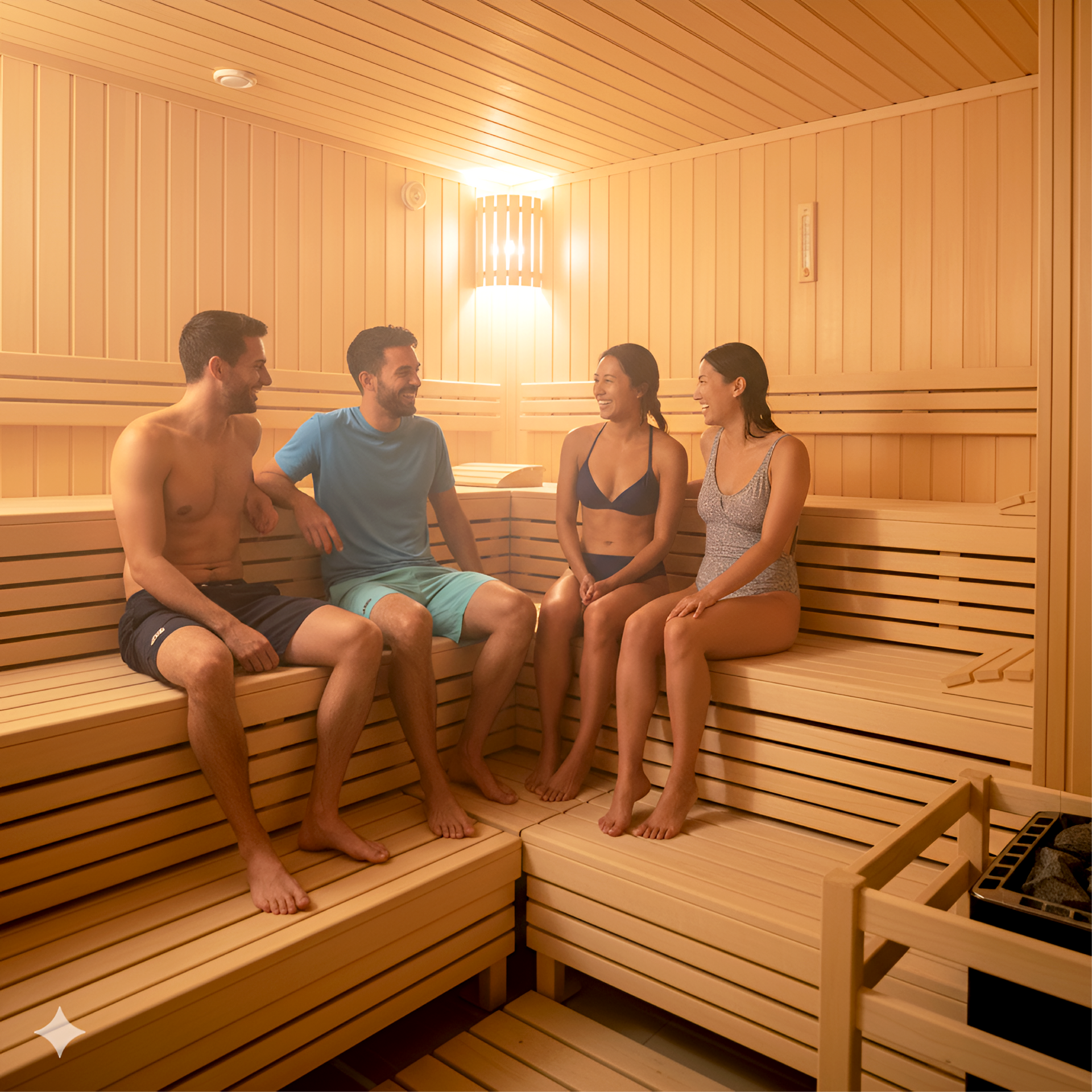 Four people in a wooden sauna, sitting on benches, smiling and talking. Warm light and steam.