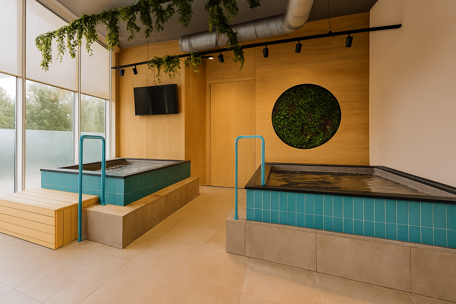 Spa interior with two turquoise pools, wooden paneling, and a green plant wall.
