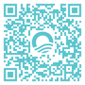 QR code with turquoise blocks and a logo of a circle above wavy lines in the center.