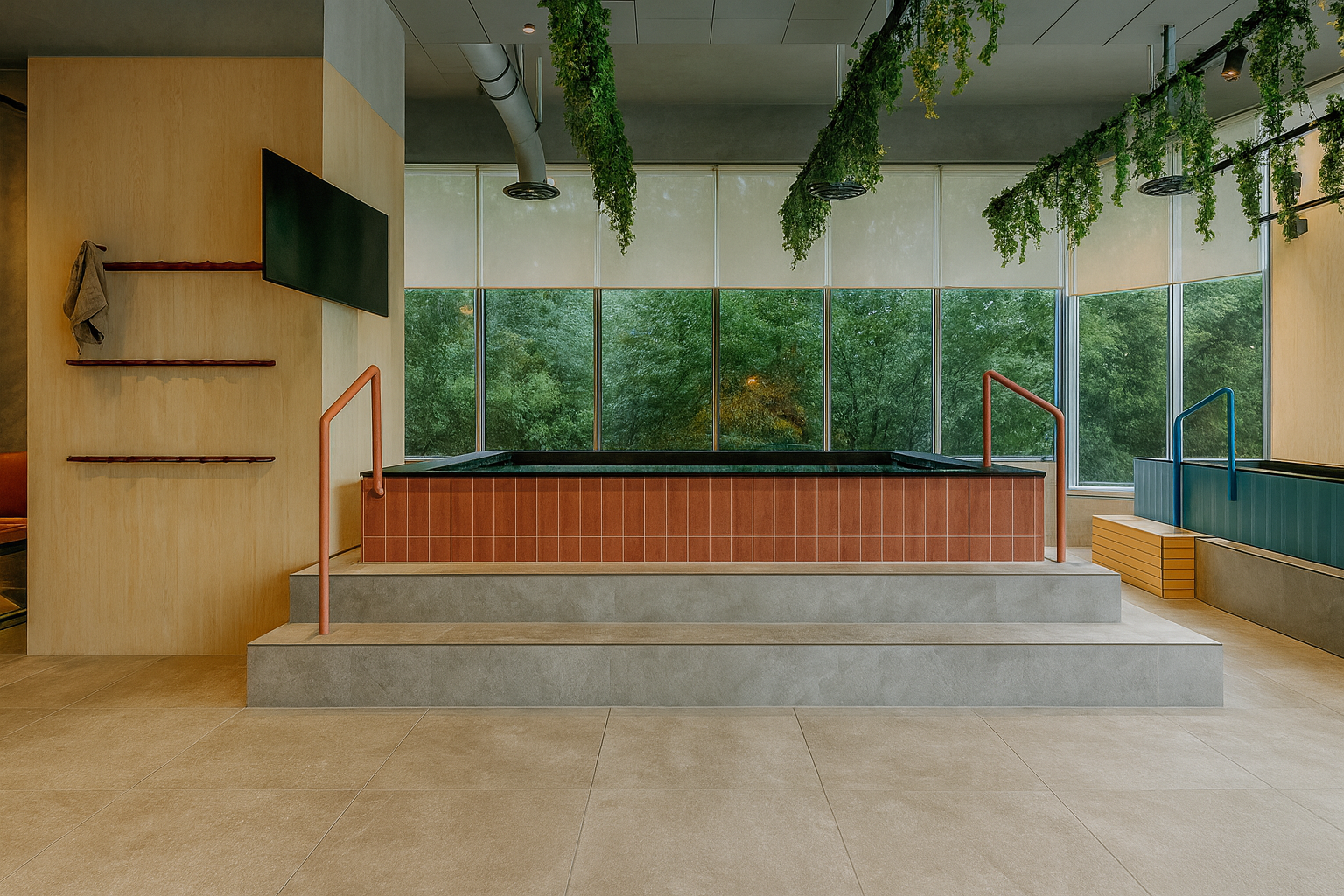 Indoor spa with tiled tub, steps, and greenery. Windows overlook trees.