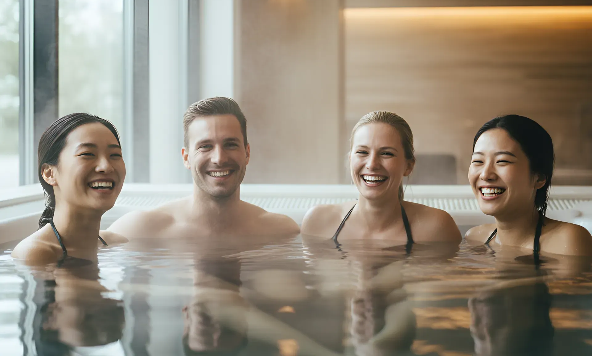 Woman submerged in ice bath, eyes closed, smiling, arms at sides. White ice surrounds her.